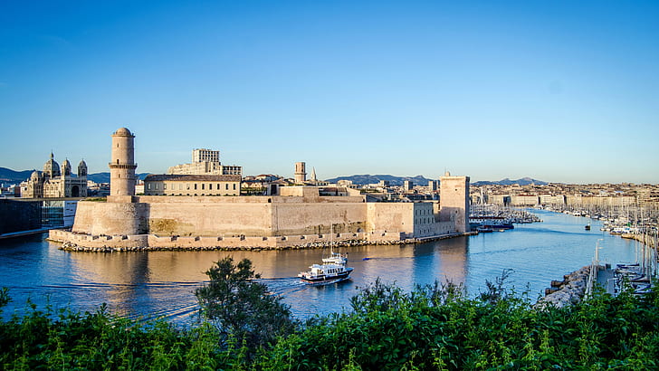 Marseille, Fort Saint-Jean, France, fortress, river, boats, dock, Marseille, Fort, Saint, Jean, France, Fortress, River, Boats, Dock, HD wallpaper
