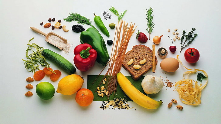 овощная партия, хлеб, овощи, фрукты, орехи, крупы, витамины, HD обои