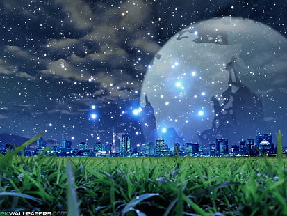 Weltraum, Mond, Gras, Sterne, Wurmperspektive, Wolkenkratzer, HD-Hintergrundbild HD wallpaper