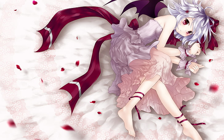 Remilia Scarlet, girl wearing purple and pink tube ruffle dress cartoon character, Anime / Animated, , red, flower, animated, anime, petals, HD wallpaper