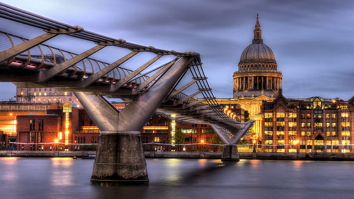 landmark, bridge, cityscape, tourist attraction, millennium bridge, london, cathedral, thames, england, river, united kingdom, great britain, HD wallpaper
