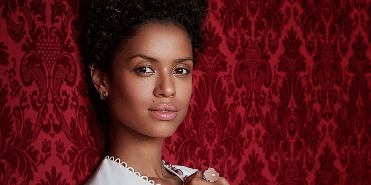 woman wearing white top standing in front of red wallpaper, Gugu Mbatha-Raw, British actress, 4K, HD wallpaper