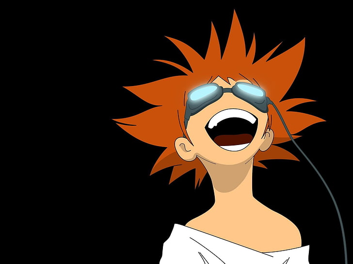 orangefarbene Anime-Charaktertapete, Cowboy-Bebop, Ed, schwarzer Hintergrund, Schutzbrille, Gelächter, HD-Hintergrundbild