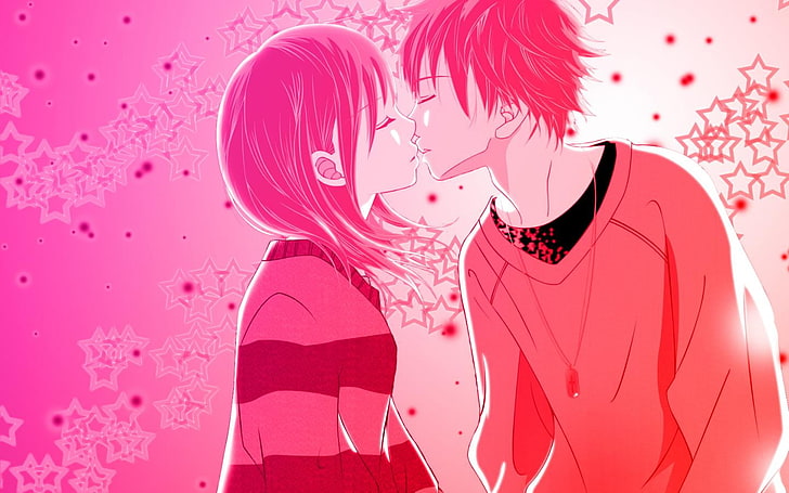 애니메이션 사랑 키스, 소년 소녀 일러스트 키스, 애니메이션 / 애니메이션, 사랑, 담홍색, 애니메이션, 키스, HD 배경 화면