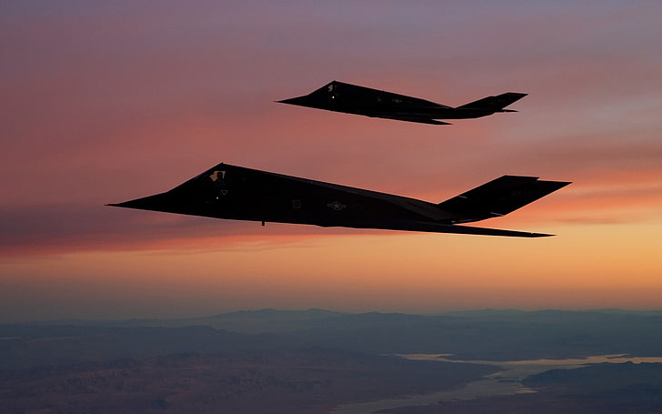 black and white electronic device, F-117 Nighthawk, aircraft, stealth, military aircraft, sunset, US Air Force, strategic bomber, HD wallpaper