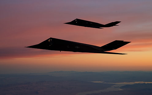 черно-бяло електронно устройство, F-117 Nighthawk, самолет, стелт, военен самолет, залез, ВВС на САЩ, стратегически бомбардировач, HD тапет HD wallpaper