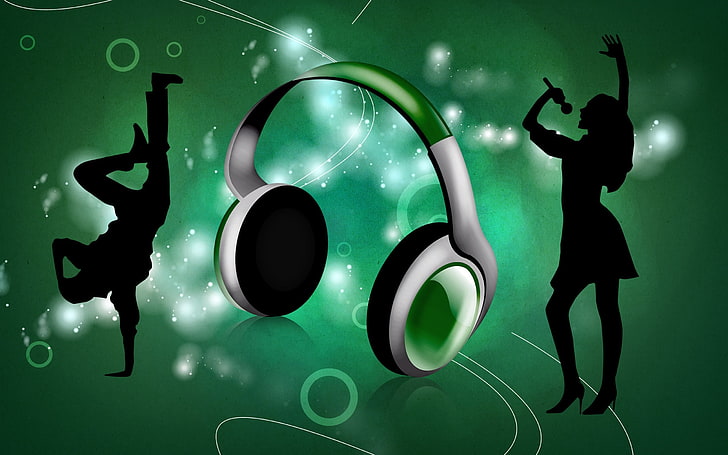 ilustrasi headphone abu-abu dan hijau, headphone, anak laki-laki, perempuan, menari, penyanyi, break dance, Wallpaper HD