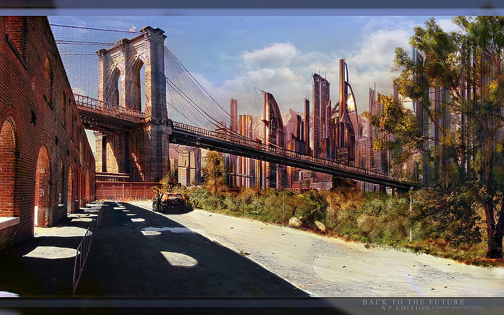 جسر بروكلين ، نيويورك ، مدينة نيويورك ، عمل فني ، مدينة مستقبلية ، مستقبلية، خلفية HD