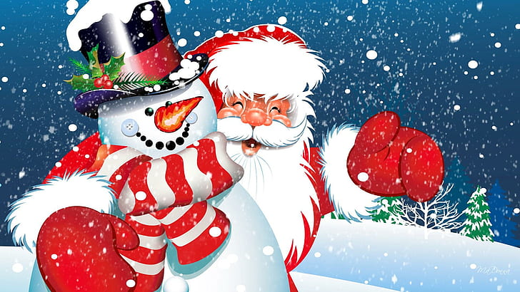 Морозный Санта, Санта Клаус и снеговик плакат, Святой Ник, Рождество, Санта-Клаус, Святой Николай, Фелис Навидад, счастливый, снеговик, деревья, снег, снег, HD обои