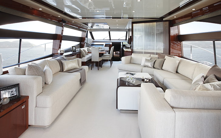 белый диван и подушки, дизайн, роскошь, яхта, салон, интерьер, стиль, HD обои