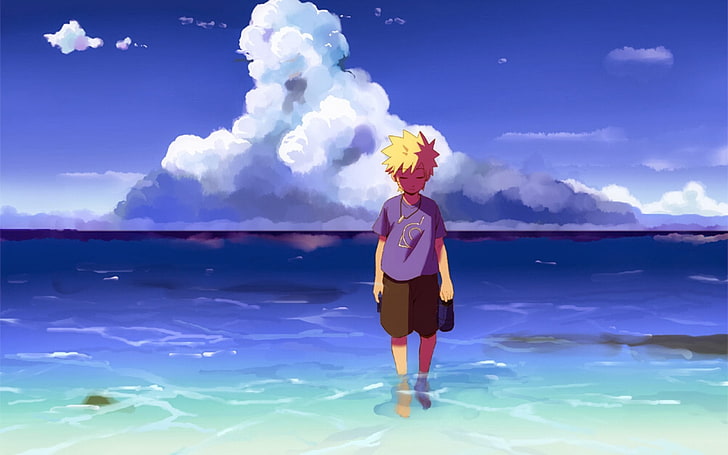 Naruto Shippuuden, Uzumaki Naruto, laut, anak laki-laki anime, awan, Wallpaper HD
