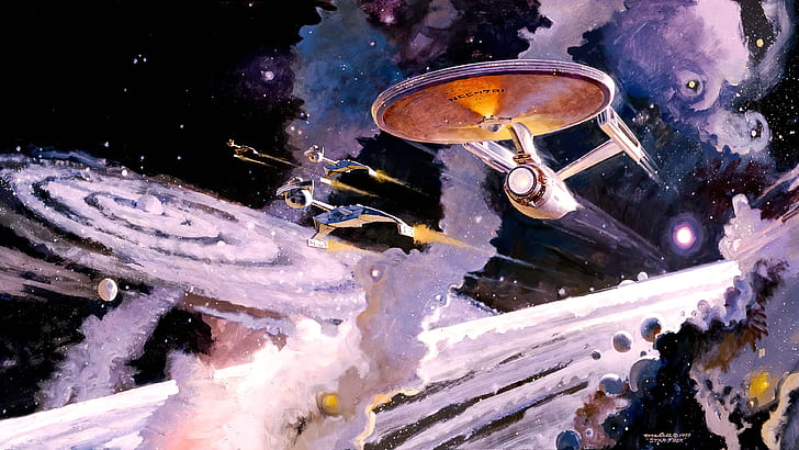 painting, artwork, space, universe, Star Trek, Star Trek: TOS, ncc-1701, spaceship, galaxy, Klingon, HD wallpaper