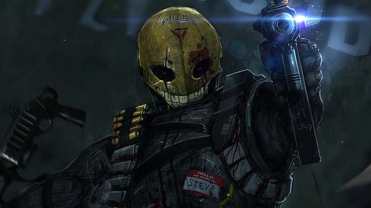karakter permainan mengenakan topeng kuning memegang pistol, tersenyum, Wallpaper HD
