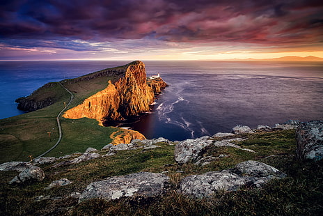 latarnia morska, Szkocja, na skraju, Isle of Skye, Neist point, archipelag Hebrydów Wewnętrznych, Tapety HD HD wallpaper