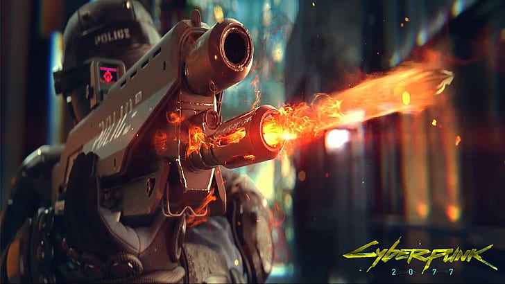 Cyberpunk 2077, Cyberpunk 2077, Cyberpunk, spielen, Polizei, Helm, Waffe, Feuer, Brände, HD-Hintergrundbild