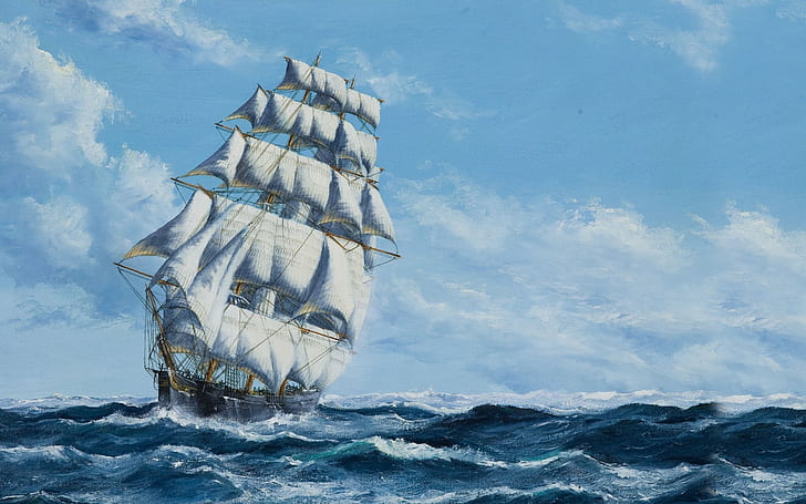 air, langit, awan, kapal layar, lukisan, laut, ombak, Wallpaper HD