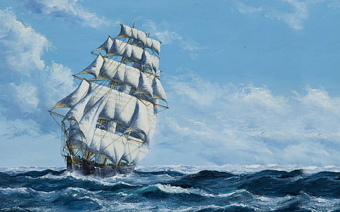 water, sky, clouds, sailing ship, painting, sea, waves, HD wallpaper HD wallpaper