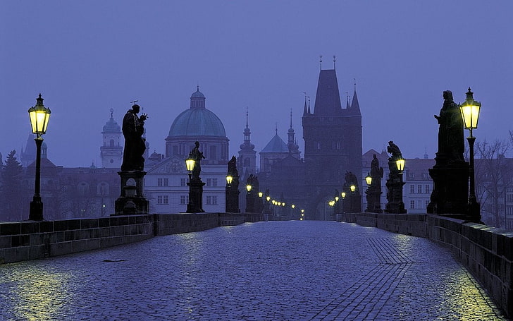 grå betongbro, Prag, Tjeckien, HD tapet