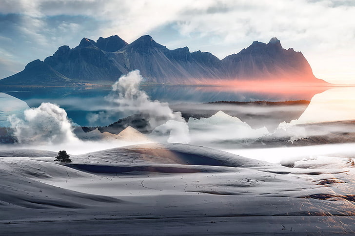 ภาพที่ดินที่ปกคลุมไปด้วยหิมะสีส้มสีเขียวสีฟ้าสีขาวท้องฟ้าชายหาดเมฆไฟ, วอลล์เปเปอร์ HD