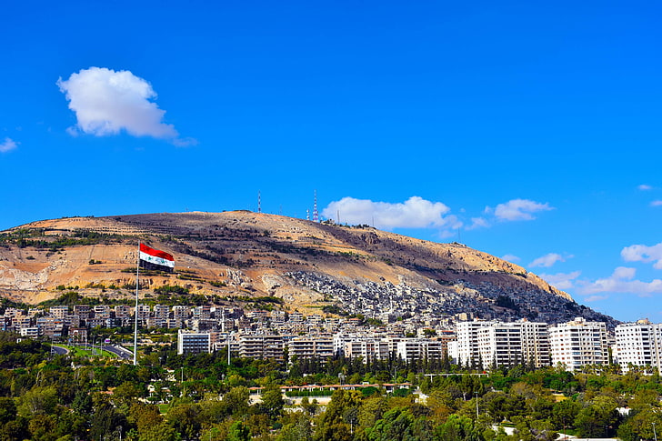 2016, Дамаск, флаг, градина, зелен, планина, Касиун, септември, бутафория, небе, Сирия, HD тапет