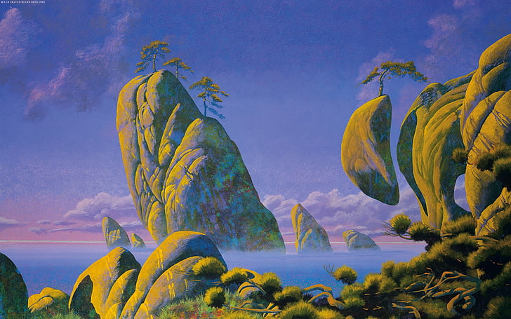 green and yellow abstract painting, Roger Dean, HD wallpaper