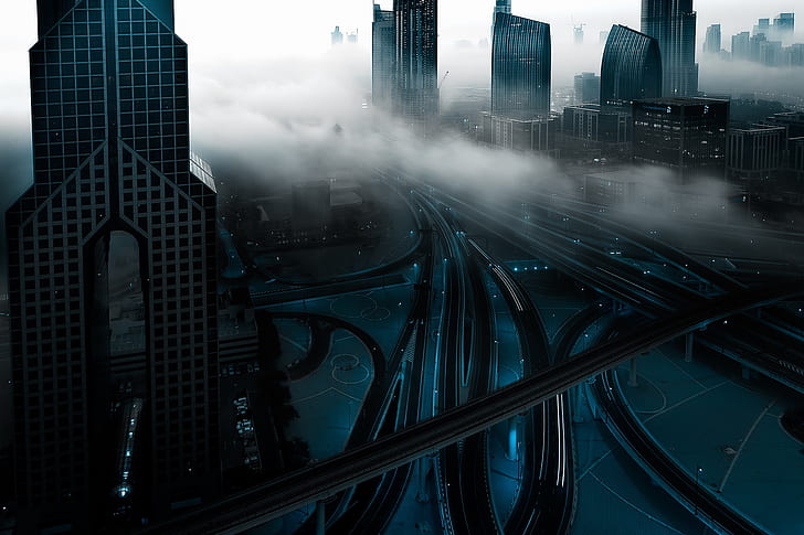 the city, lights, fog, morning, Dubai, UAE, rfcd, HD wallpaper