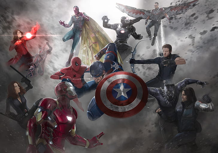 Captain America, Captain America: Civil War, Ant-Man, Black Widow, Falcon (Marvel Comics), Hawkeye, Iron Man, Natasha Romanoff, Scarlet Witch, Spider-Man, Vision (Marvel Comics), War Machine, Winter Soldier, Sfondo HD