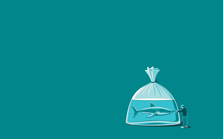 shark in plastic pack illustration, threadless, humor, simple, minimalism, shark, water, simple background, blue background, artwork, animals, HD wallpaper
