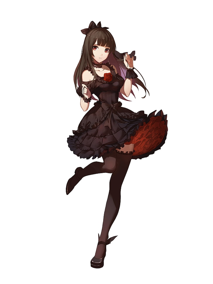 anime girl, gothic, black dress, brown hair, ribbons, Anime, HD wallpaper
