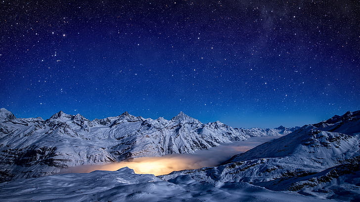 luz, cielo, noche, invierno, nieve, estrellas, Alpes Peninos, Gornergrad, Glaciar Gorner, Zermatt.Suiza, nebulosa de la laguna, Fondo de pantalla HD