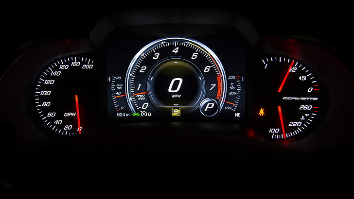 czarny prędkościomierz Chevrolet Corvette, panel, prędkościomierz, urządzenia, korweta, Tapety HD