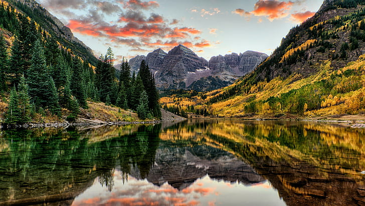 forest, landscape, maroon bells, Colorado, mountains, lake, reflection, fall, HD wallpaper