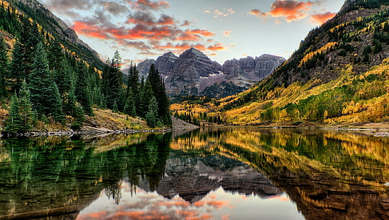 bosque, paisaje, campanas de color marrón, colorado, montañas, lago, reflexión, otoño, Fondo de pantalla HD HD wallpaper