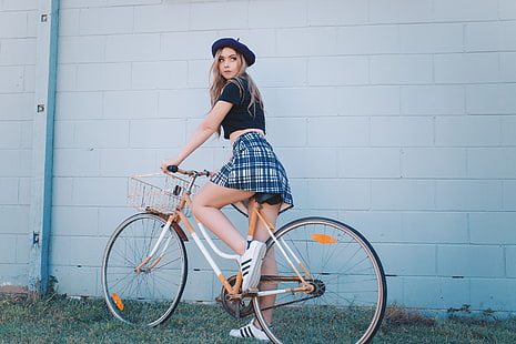 Amy Thunderbolt, women, model, berets, bicycle, looking away, crop top, black tops, skirt, women with bicycles, sneakers, women outdoors, plaid skirt, women with bikes, HD wallpaper HD wallpaper
