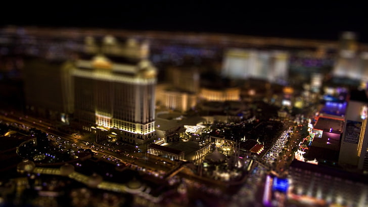 gratte-ciel brun, sans titre, tilt shift, paysage urbain, Las Vegas, lumières, Fond d'écran HD