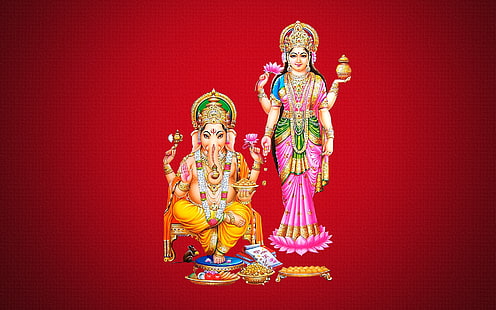 Mata Laxmi With Ganesh Red Background Hd Sfondi desktop gratis 1920 × 1200, Sfondo HD HD wallpaper