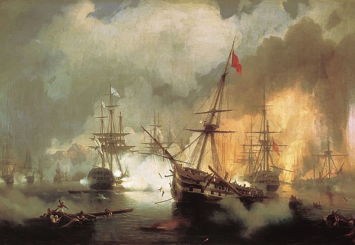Корабль, масло, картина, битва, холст, Иван Айвазовский, Морское сражение при Наварино 2 октября 1827 г., HD обои