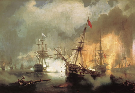 سفينة ، زيت ، صورة ، معركة ، قماش ، إيفان إيفازوفسكي ، معركة البحر في نافارينو في 2 أكتوبر 1827، خلفية HD HD wallpaper