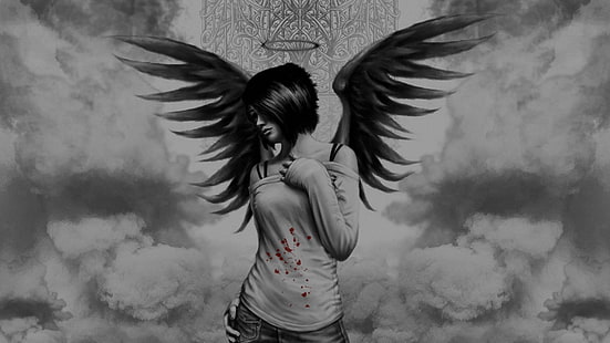 kobieta z ilustracją skrzydeł, anioł, skrzydła, krew, fantasy art, wybiórcze kolorowanie, fantastyczna dziewczyna, Tapety HD HD wallpaper