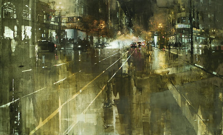 Jeremy Mann, oeuvre d'art, rue, soir, impressionnisme moderne, Fond d'écran HD