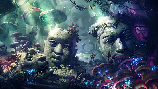head warrior statue sculpture artwork mushroom psychedelic sun rays fantasy art, HD wallpaper HD wallpaper