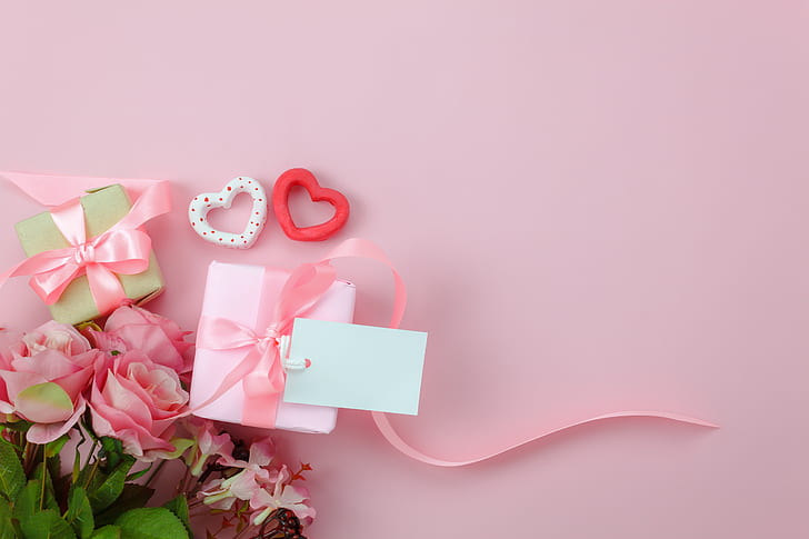 愛、背景、ピンク、ギフト、ハート、バラ、花束、ハート、ロマンチック、バレンタインの日、 HDデスクトップの壁紙