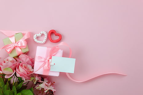 ความรัก, พื้นหลัง, สีชมพู, ของขวัญ, หัวใจ, ดอกกุหลาบ, ช่อดอกไม้, หัวใจ, โรแมนติก, วันวาเลนไทน์, วอลล์เปเปอร์ HD HD wallpaper