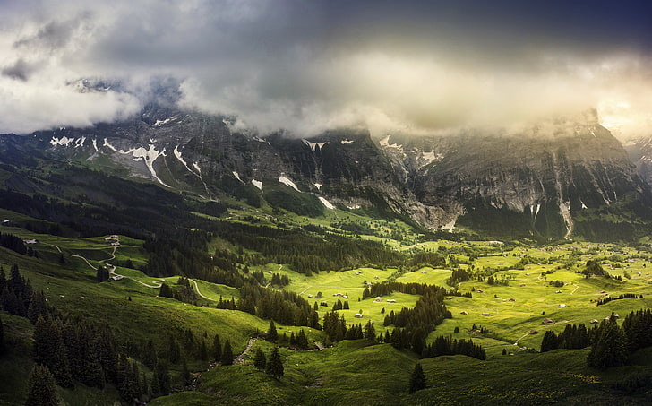 greens, summer, clouds, Switzerland, valley, in the Canton of Bern, Grindelwald, HD wallpaper