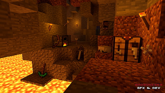 зеленая и коричневая иллюстрация меча, видеоигра, Minecraft, пещера, факел, HD обои HD wallpaper