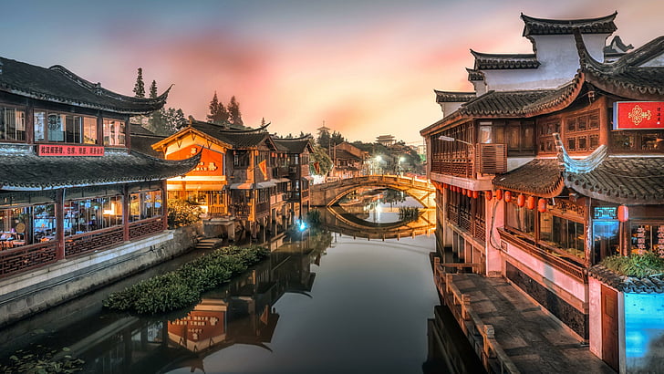 townlet, qibaozhen, qibao, minhang, shanghai, porslin, antik stad, asien, stad, vattenstad, kinesisk arkitektur, turistattraktion, puhui river, flod, HD tapet