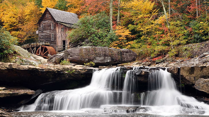 Moinho velho e uma cachoeira, quedas de água, paisagem, outono, outono, moinho, cachoeira, floresta, HD papel de parede