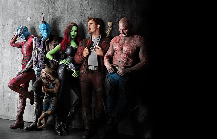 Nebula و Zoe Saldana و Rocket Raccoon و Gamora و Groot و Drax و Star Lord و The Destroyer و Guardians Of The Galaxy Vol. 2، خلفية HD