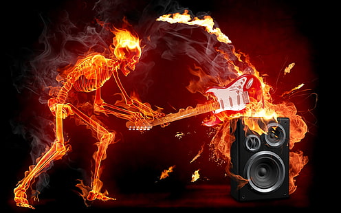 chitarra fuoco Scheletro sul fuoco distruggendo la chitarra sull'altoparlante Fantasia astratta Arte HD, musica, inferno, fuoco, chitarra, Hardrock, fuoco infernale, Sfondo HD HD wallpaper