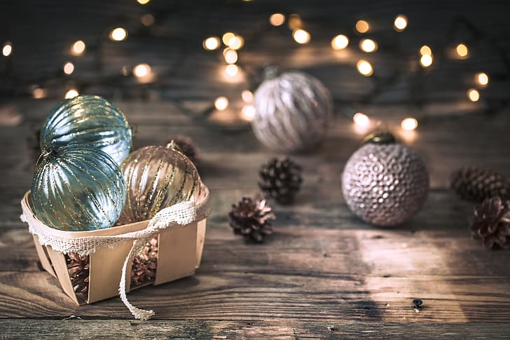 winter, decoration, balls, tree, Christmas, New year, vintage, bokeh, cozy, HD wallpaper